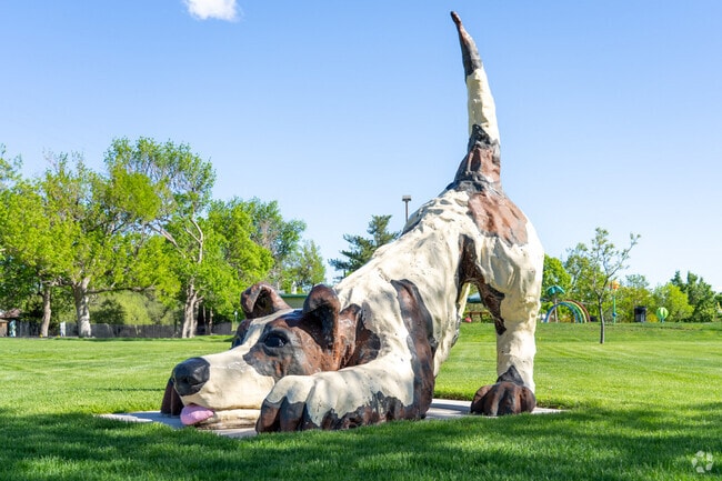 A charming dog statue in Clayton Park adds playful character to the neighborhood, capturing the spirit of joy and community.