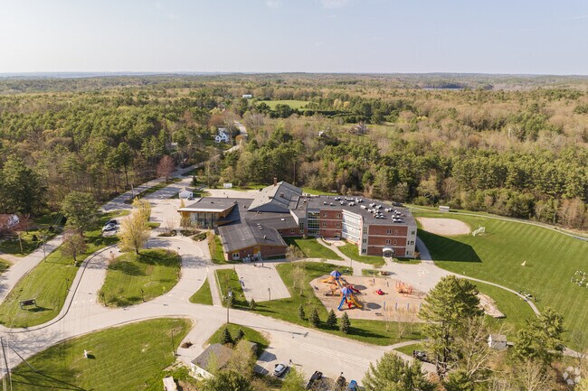 Aerial photo of the Woolwich Central School which serves grades PK-8 in Woolwich, Maine.