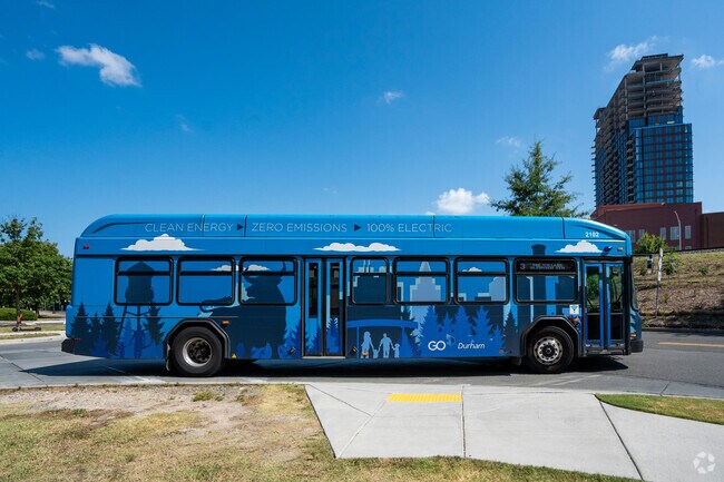 GoDurham bus stops are scattered through out the American Tobacco neighborhood.