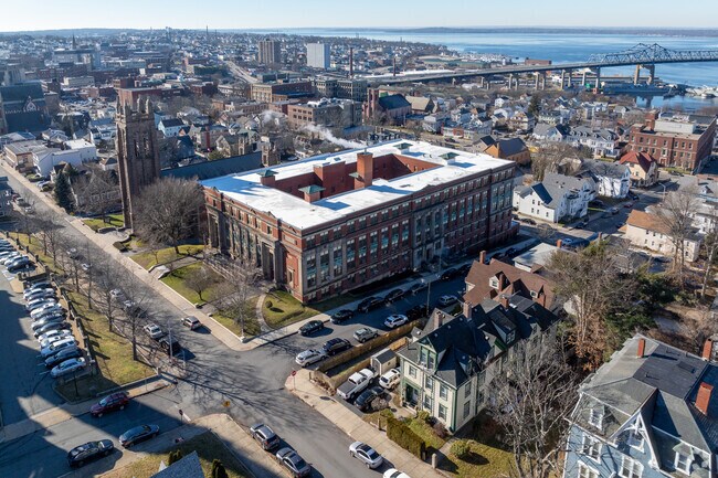 Aerial view of Resiliency Middle School in Fall River, Massachusetts.