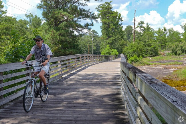 Bikers can enjoy a spanning, wooded path while immersed in the nature of Arabia Mountain near Stonecrest.