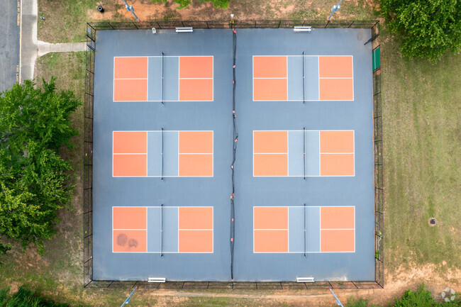 An aerial view of the sports courts of Pocahontas Middle School.