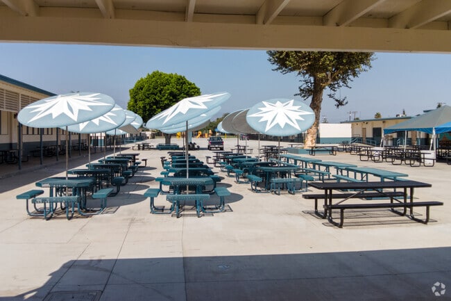 Shaded lunch area provides cover from the harsh summer sun.