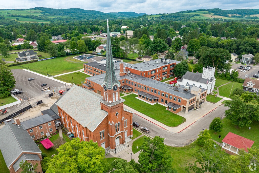 Homer Elementary School is in the town square next to the church.