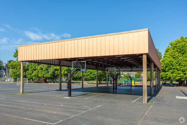 Covered basketball courts behind Irvington Elementary School.