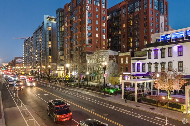 K Street NW in Mount Vernon Square lights up after dark with a vibrant nightlife.