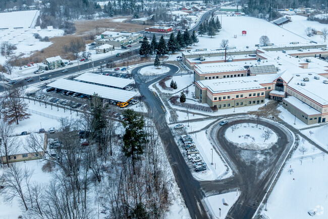 The main entrance and visitor parking area at the Rutland High School in Rutland, VT.