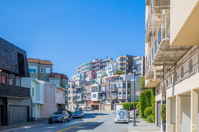 Tight streets act as alleyways for buildings in the neighborhood of Twin Peaks.