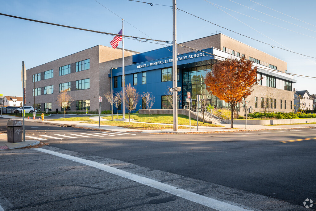 A view of the main road of Henry J. Winters Elementary School in Pawtucket, Rhode Island.