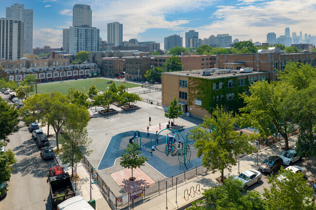 Aerial view of playground and playing fields Alcott College Prep East Campus, Chicago Illinois.