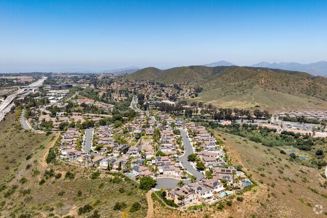 An elevated view of Sabre Springs shows homes with mountain views.