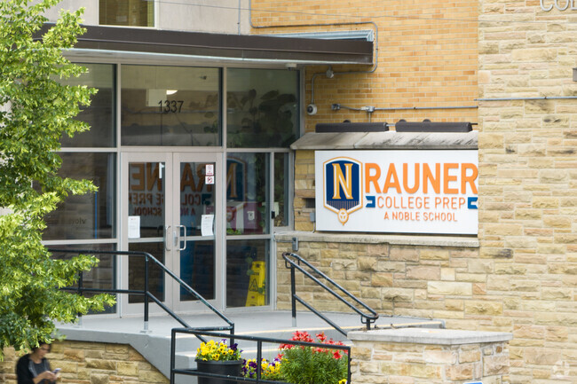 The main entrance at Rauner College Prep.