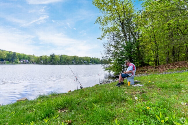 A man fishes on the shoreline in the Southwest Bay of Tolland State Forest.