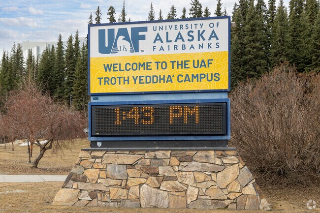 University of Alaska Fairbanks welcomes visitors at College with a bold stone sign