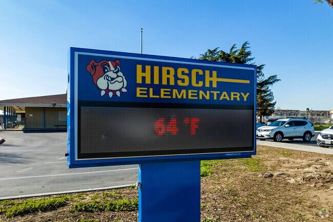 View of the Hirsch Elementary School sign located in Irvington, Fremont, CA.