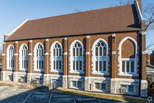 This chapel in Wells-Goodfellow features stark brick architecture with white arches.