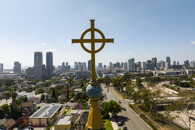 The steeple at Our Lady's School is prominent in the Sherman Heights neighborhood.