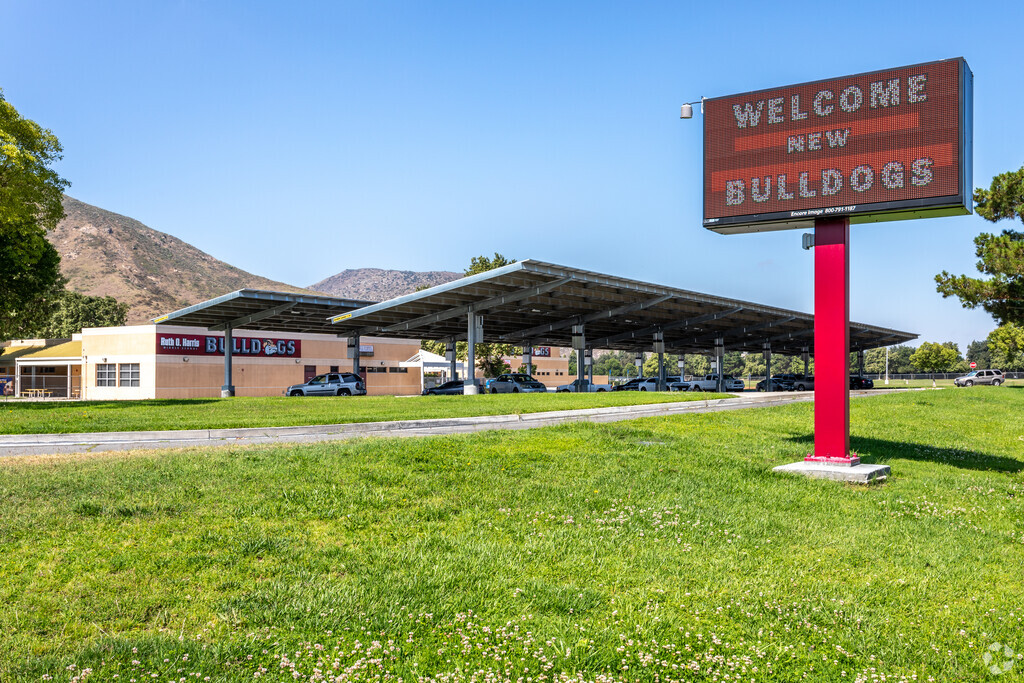 A view of the Ruth O. Harris Middle School buildings from the street.