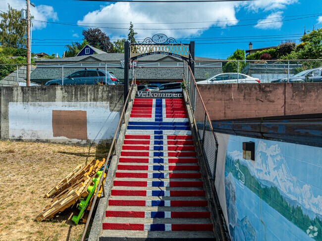 The Norwegian flag adorns these steps in downtown Poulsbo.