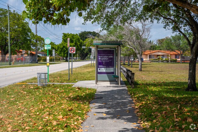 Bus stops throughout the neighborhood provide an option for public transportation.