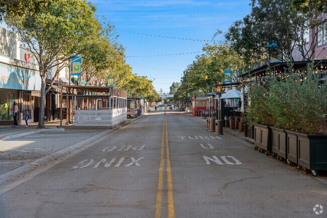 Restaurants and shops on a closed portion of Laurel Street near Beverly Terrace.