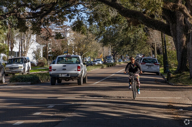 Cyclist riding along Esplanade Ave in the Fairgrounds Neighborhood