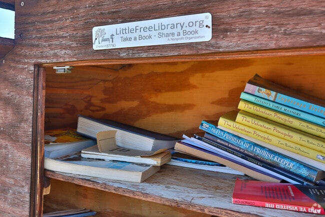 The Sharon town park has a little library where readers can borrow or donate books.