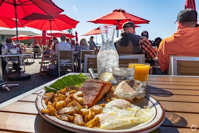 LePeeps famous Trout and Eggs while enjoying amazing views of the Spokane River.