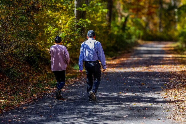 Love finds its way among the vibrant hues of nature, Boyds residents walking hand-in-hand.