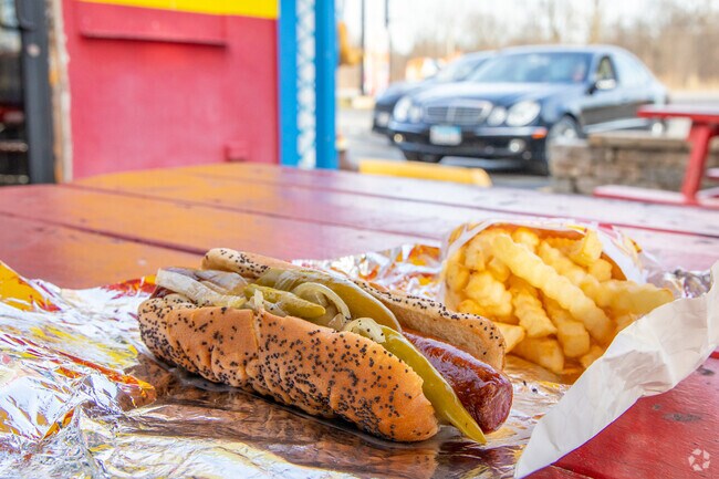 Joey's Red Hots is famous for their Maxwell Street Polish Sausage.
