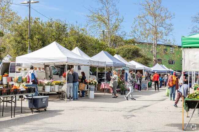 Venice Farmer's Market has rows of tents selling various local produce and goods.