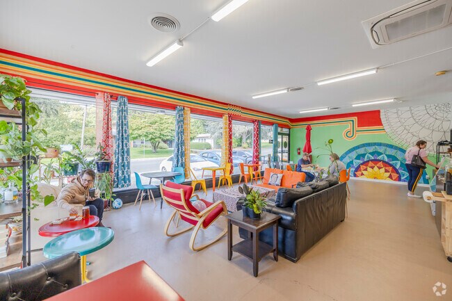 Come enjoy the colorful and inviting lounge area of Heathen Bakery in Sheridan Park WA.