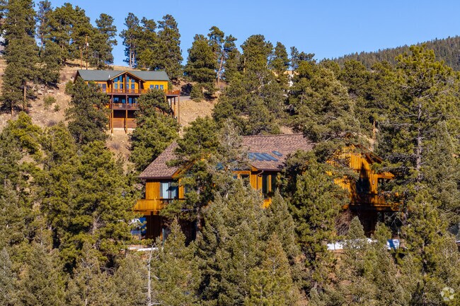Many mountain contemporary homes in Evergreen Meadows are surrounded by trees.