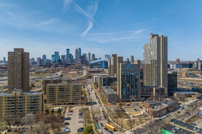 The iconic Riverside Plaza in the Cedar-Riverside neighborhood overlooks Downtown Minneapolis.