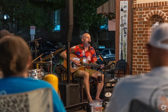 The Downtown Houma Rotary Plaza Music Series near Sugar Mill features local bands like Casie & Jonny.