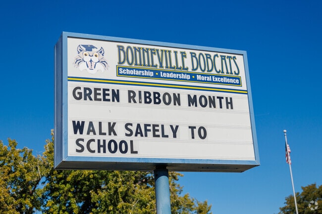 A traditional sign for the Bonneville Bobcats stands against a blue sky.