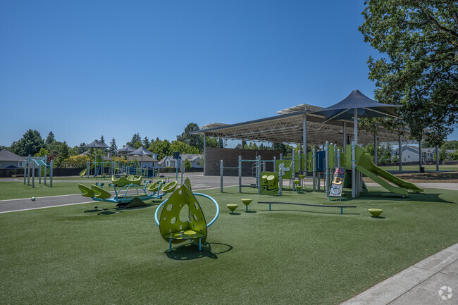 Modern play structures at Vose Elementary School in the neighborhood of Vose.