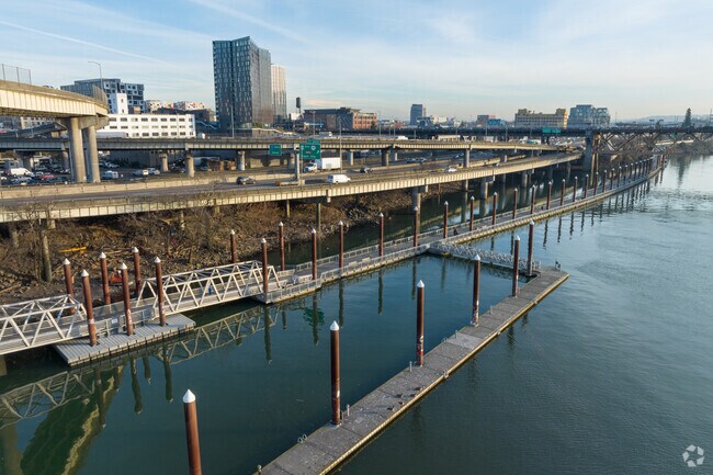 Boat docking station is at the waters of Lloyd District in Portland, Oregon.