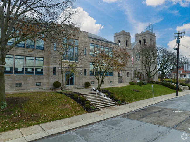 There is a staircase near the back entrance.