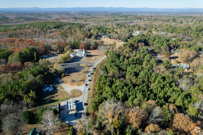 An aerial overview of houses and churches in the Shady Grove neighborhood.