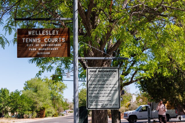 Residents can enjoy the small grass are or the tennis courts at Wellesley Park.