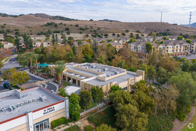 An elevated view of the Montessori of Ladera Ranch and the surrounding landscape.