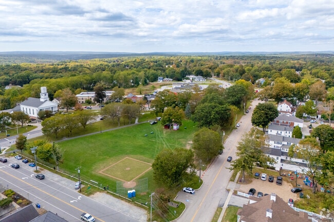 A baseball field near Colchester’s town center hosts youth and community games.