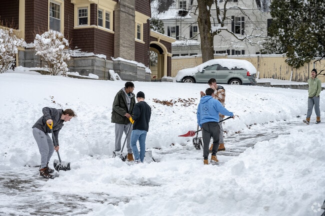 Boys shovel snow to a long driveway near Salisbury Street in Worcester.