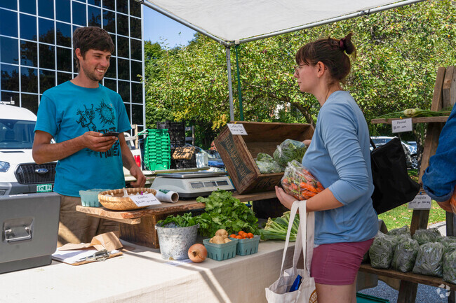 A person buys a bag of carrots at the Capitol City Farmers Market, minutes from The Meadow.