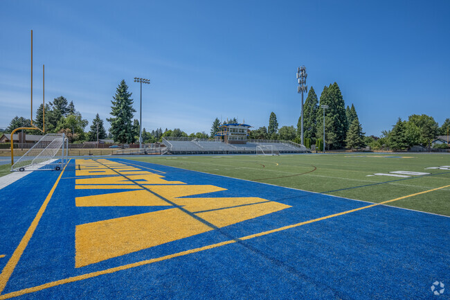 Turf football field at Aloha High School in Aloha, Oregon.