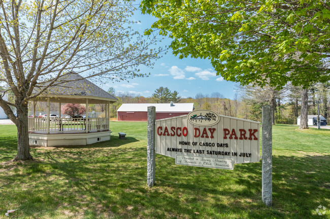 Photo of the Casco Day Park sign and gazebo in Casco, Maine.