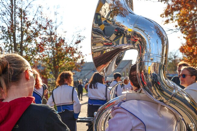 Mount Vernon students enjoy the lively marching band at Lawrence High School.