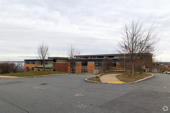 Entrance to Matthew J. Kuss Middle School in Fall River, Massachusetts.