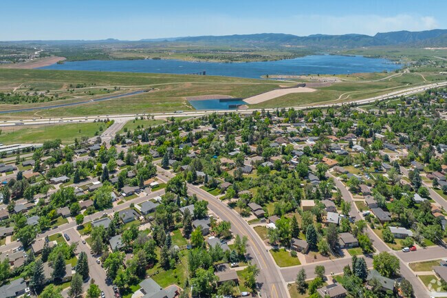 Chatfield reservoir can be seen beyond Columbine Hills, Littleton, CO.
